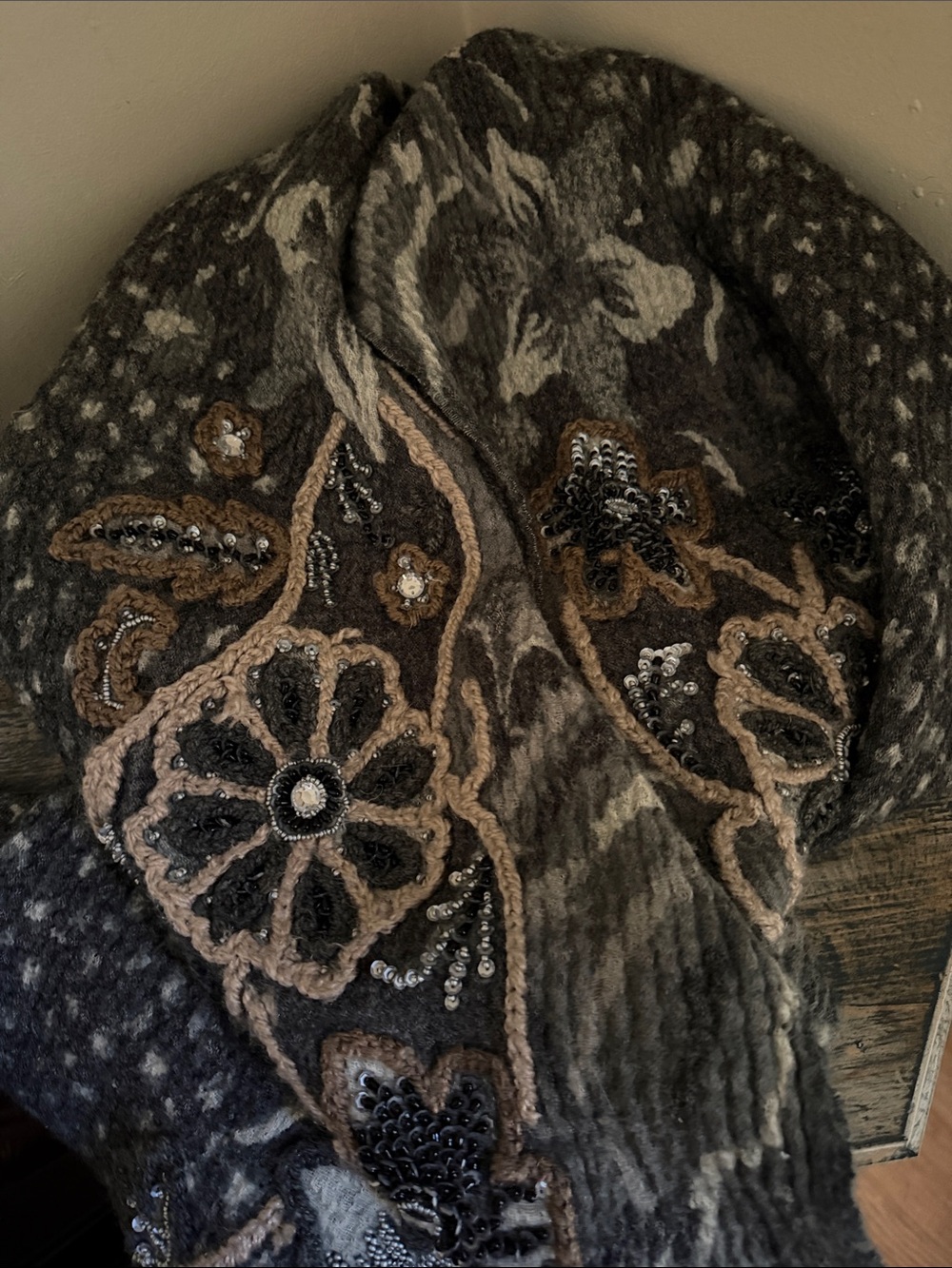 Moiselle wool vintage intricate Embellished Floral Gray and Cream shawl